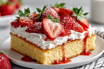 Delicious square slice of strawberry shortcake with whipped cream and fresh strawberries presented on a white plate