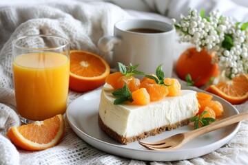 Delightful dessert with orange and mint, served with fresh juice and coffee in a cozy setting