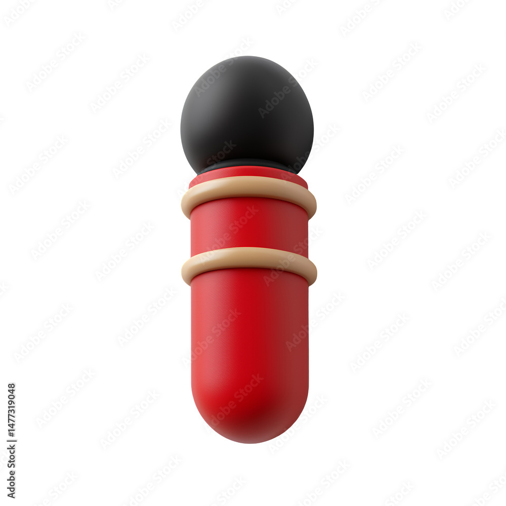 Poster red and black 3d rendered object resembling a capsule or microphone with beige rings, isolated on tr