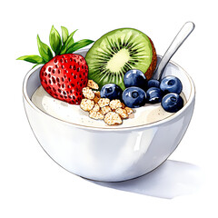 Yogurt parfait with fresh berries, kiwi, and granola in a white bowl, watercolor style. Healthy breakfast concept. Transparent background.