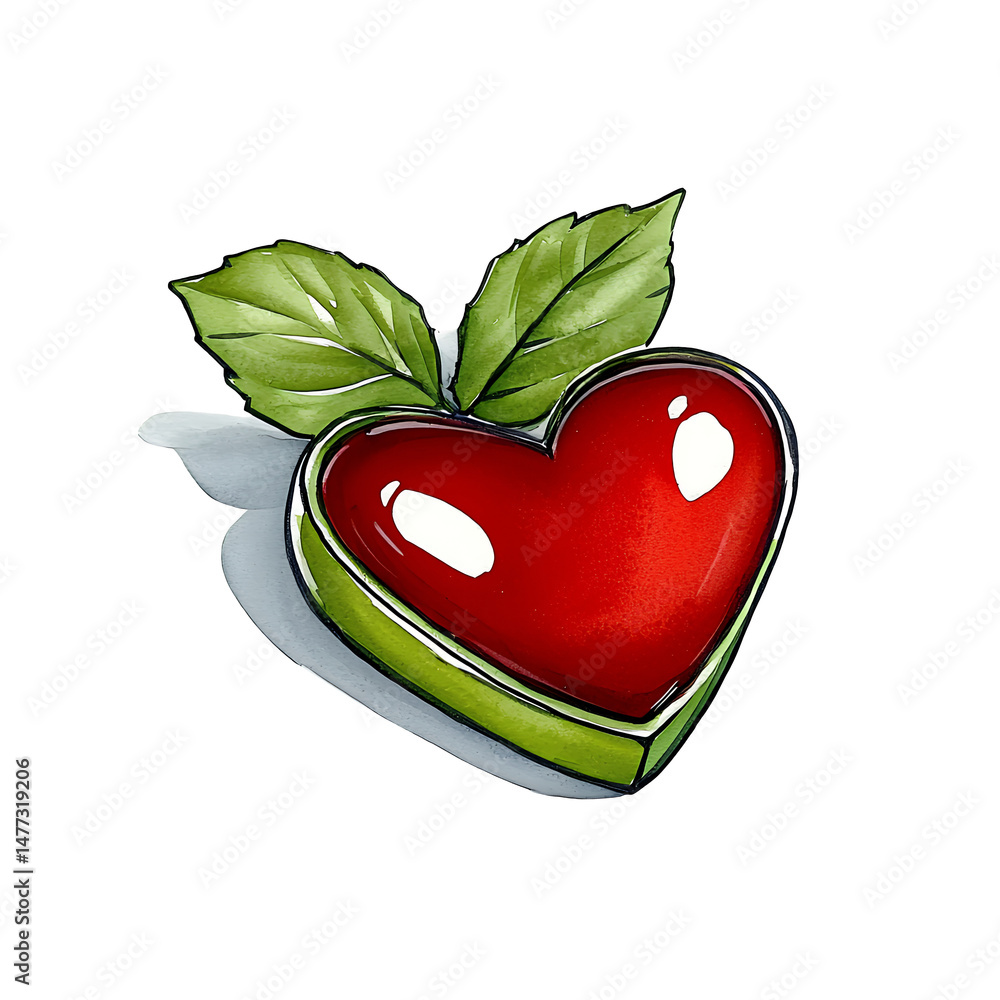 Poster red heart shaped object nestled within a green, leaf like casing, set against a transparent backgrou