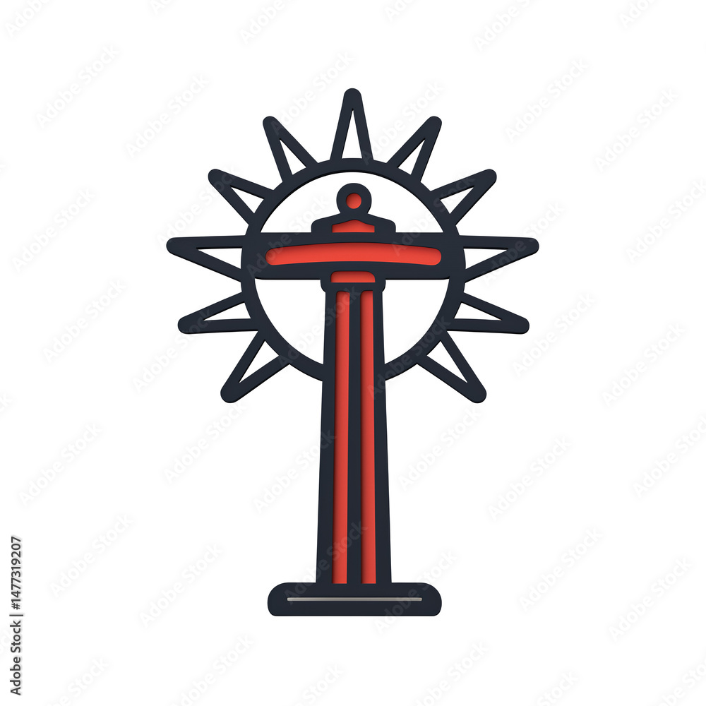 Poster red and dark gray stylized tower icon with a sunburst design, isolated on a transparent background. 