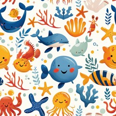 seamless pattern of cute cartoon fish, jellyfish, starfish, and sea plants, bright pastel colors, underwater world theme
