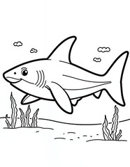 Obraz premium Simplified Shark Swimming Above Seaweed Line Art Illustration with Friendly Expression in Black and White Grayscale Coloring Page