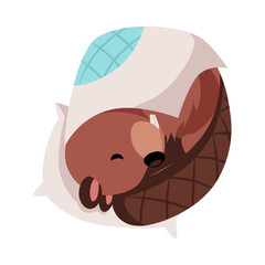 Vector illustration of cute beaver sleeping on a pillow under a blanket.