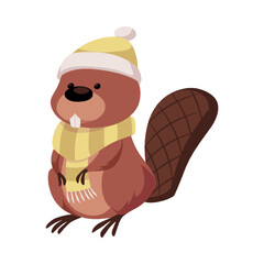 Cute beaver dressed in yellow hat and scarf, vector cartoon brown rodent animal with large tail, wild fauna character