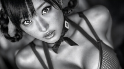 a close-up portrait of a japanese woman with a striking gaze looking directly into the camera, conveying confidence and strength.