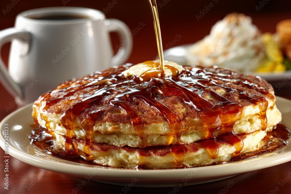 Poster delicious stack of fluffy pancakes drizzled with maple syrup served with coffee in a cozy breakfast 