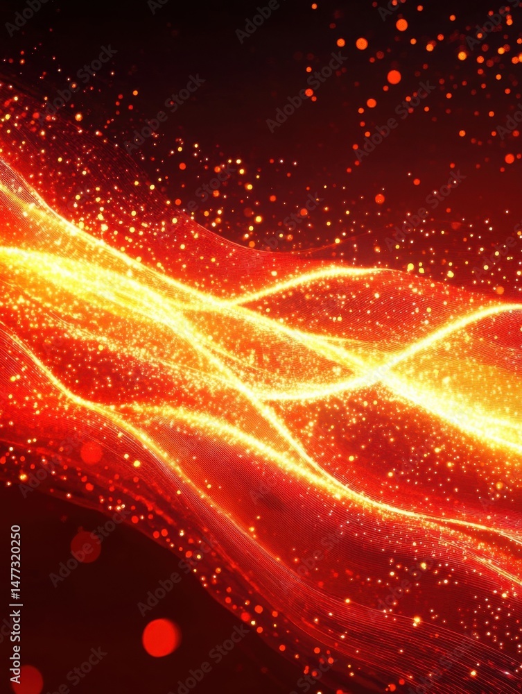 Poster abstract glowing red and gold wave pattern with sparkling particles on dark background graphic desig