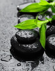 Smooth black spa stones with water drops and fresh green leaves. Concept of relaxation, balance, health and body care.