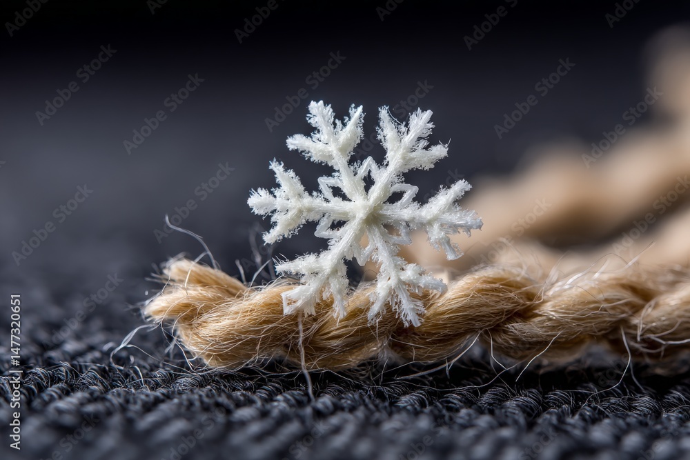 Poster Small snowflake resting on natural fiber twine against a textured background in winter light