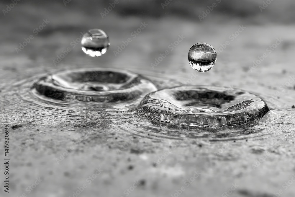 Poster Raindrops create ripples on a smooth surface in a serene outdoor setting during a gentle rain shower