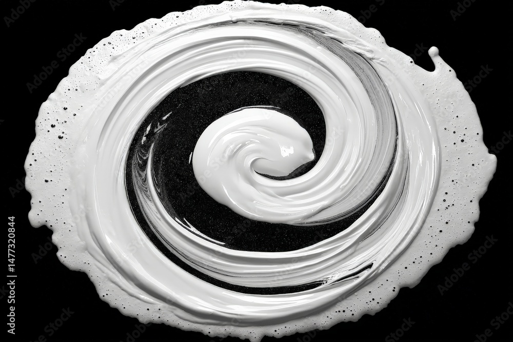 Poster White swirling mixture on a black background demonstrates fluid dynamics and artistic expression in a well-lit studio setting