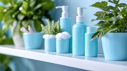 A modern bathroom shelf displays a collection of pastel blue bottles and containers filled with various skincare products, alongside potted plants and cotton balls