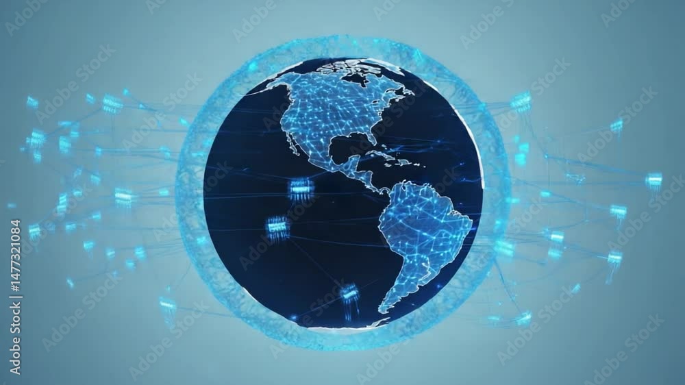 Poster digital globe surrounded by connecting lines.
