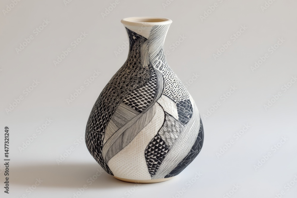 Aufkleber handcrafted ceramic vase with intricate black and white patterns displayed against a neutral backgro