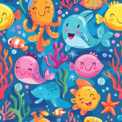 Fototapeta premium seamless pattern of cute cartoon fish, jellyfish, starfish, and sea plants, bright pastel colors, underwater world theme