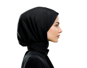 Elegant woman in black hijab with side profile view for fashion design on a transparent background, cut out