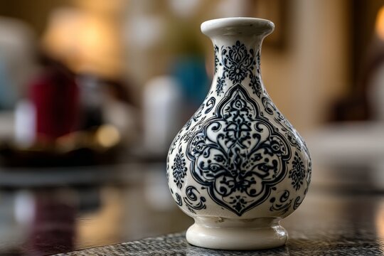 Decorative ceramic vase with intricate design displayed indoors in a cozy living room setting during the day - Powered by Adobe