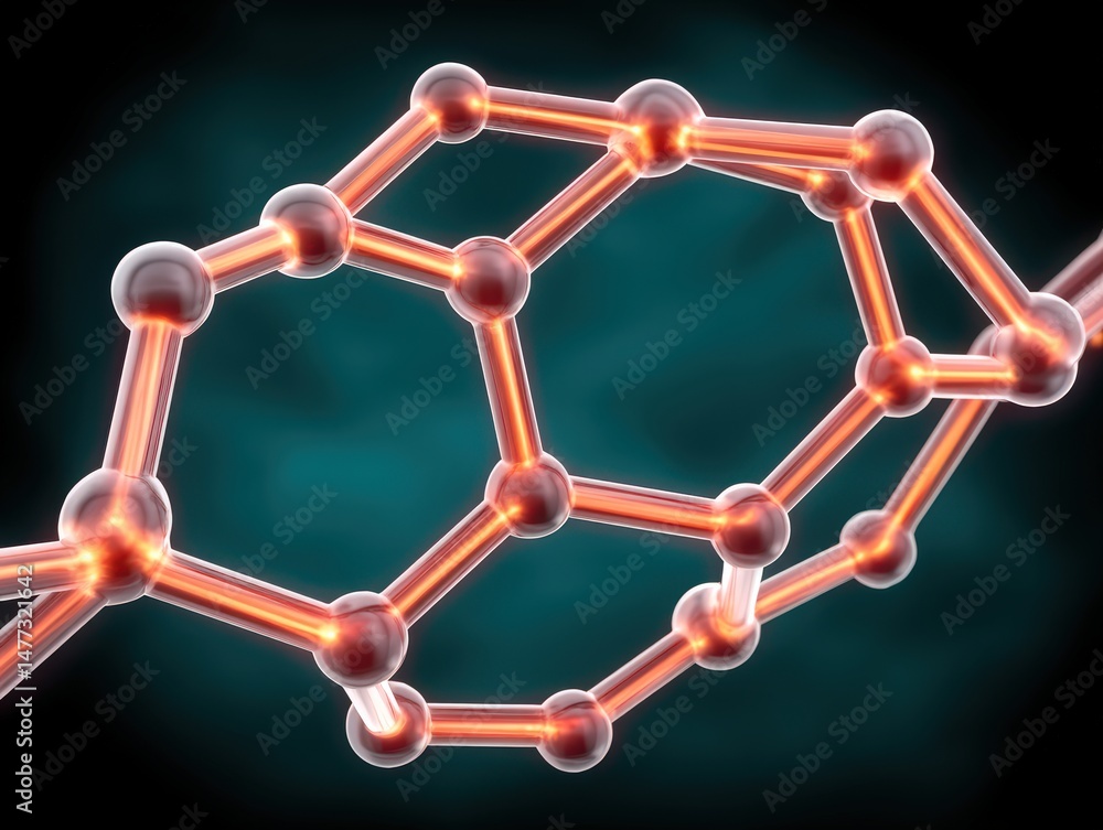 Poster highly detailed molecular structure showcasing interconnected spheres and glowing bonds that illumin