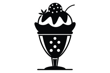 Stylized Black Ice Cream Sundae with Cherry and Sauce in a Footed Glass