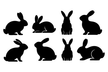 Collection of Rabbit Silhouettes in Different Poses, Including Leaping, Sitting, and Side Views