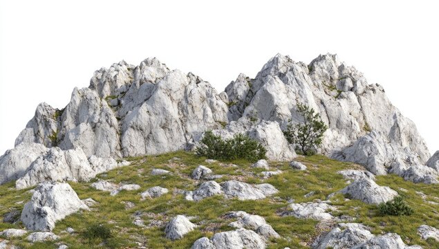 Rocky mountain peak with sparse vegetation.  A light gray rock face, jagged and textured, rises into a peak.  Green grass and small shrubs are scattered across the lower slopes