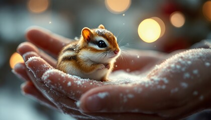 Obraz premium Tiny Chipmunk Snuggled in Snowy Hands Bathed in Soft Golden Light with Glowing Bokeh Winter Scene