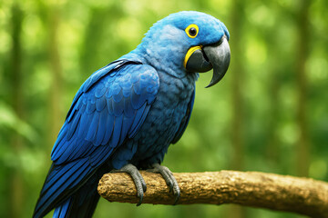 Hyacinth macaw perched in lush jungle setting