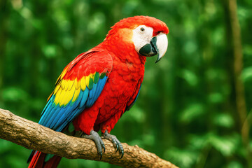 Fototapeta premium Vibrant scarlet macaw perched in lush green rainforest with colorful feathers
