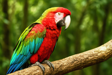 Fototapeta premium Vibrant scarlet macaw perched on branch in lush green jungle setting