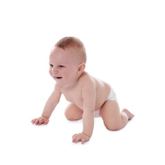 Cute little baby crawling on white background