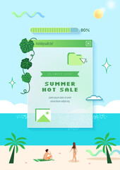 Summer sale cute retro background with beach scene illustration