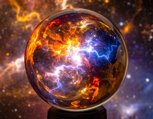 A glass sphere with inside fire, lightning and universe dust
