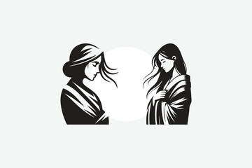 A stylized black-and-white illustration of a young woman standing thoughtfully