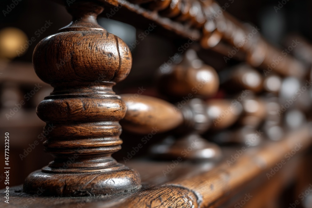 Poster detailed view of a rustic wooden railing in a historic setting highlighting craftsmanship and design
