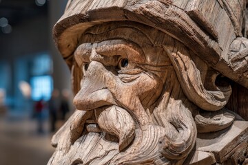Masterful wooden sculpture showcasing intricate craftsmanship and detail in a contemporary art gallery