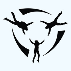 Silhouette of three people in free fall formation, skydiving silhouette vector