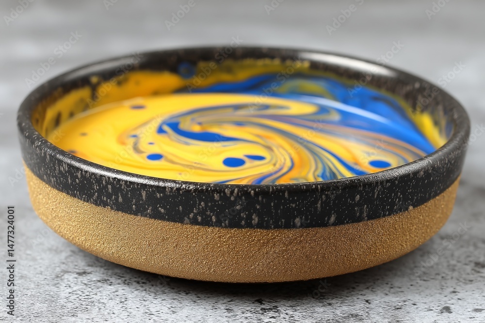Poster decorative bowl with vibrant swirling colors created through marbling technique displayed on a textu