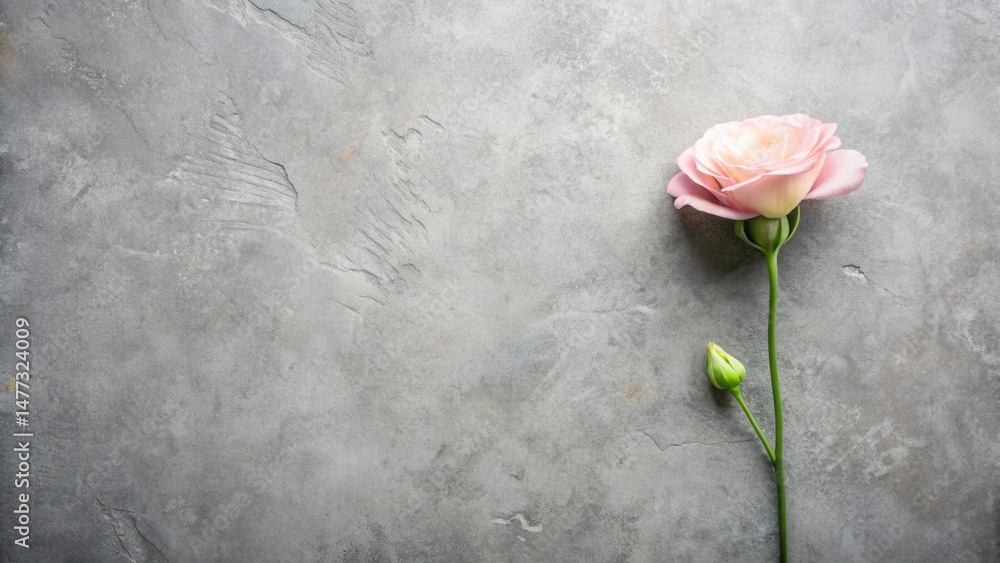 Poster a single pale pink blossom rests elegantly on a textured gray surface, a delicate bloom against a ba