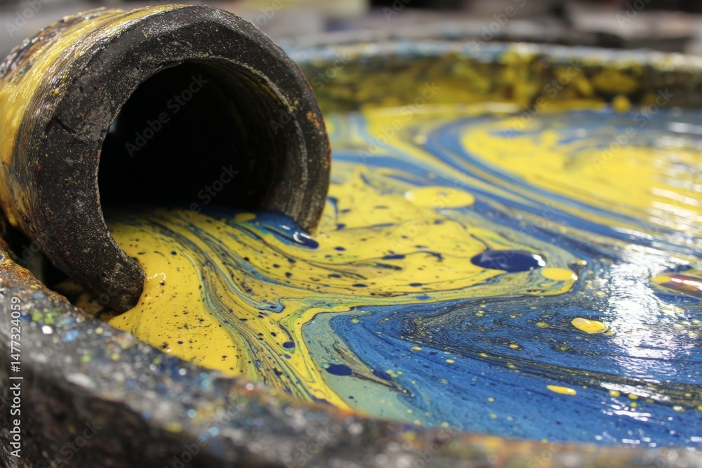Poster vibrant swirls of blue and yellow paint flow from a container in an artist's studio during a creativ