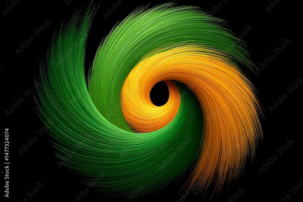 Poster Colorful swirl of green and orange threads creating a dynamic pattern in abstract design