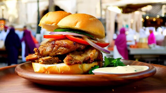 Close-up of Egyptian liver sandwich with onions and tahini on rustic plate, blurred market scene behind adds authentic street food vibe