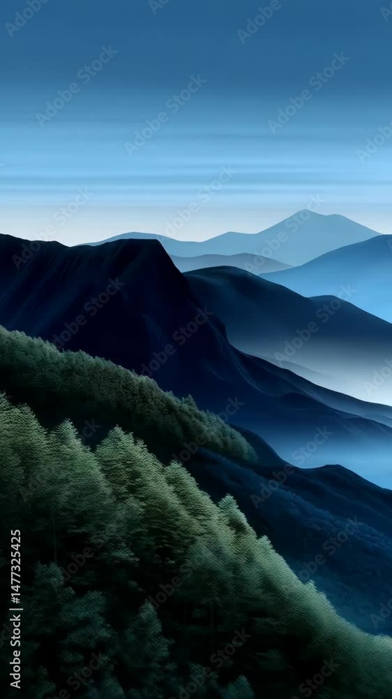 Poster serene panorama featuring multiple layers of mountains and forest in shades of blue with soft atmosp