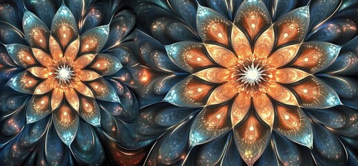 Fototapeta premium Abstract orange & blue fractal flowers, decorative art background