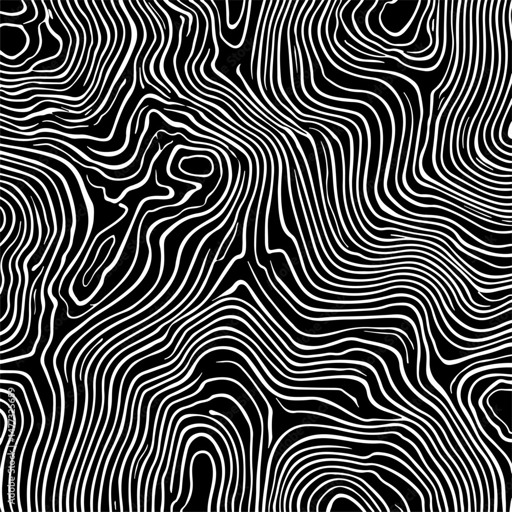 Poster psychedelic 70s style vector illustration in black and white. flowing, abstract wavy lines create a 