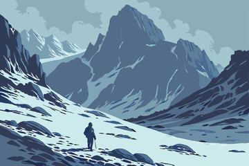 154 cinematic mountainous frozen landscape, lone figure standing in foreground, dramatic icy peaks in background, mist and fog, cold atmospheric lighting, digital art, high resolution, unreal engine
