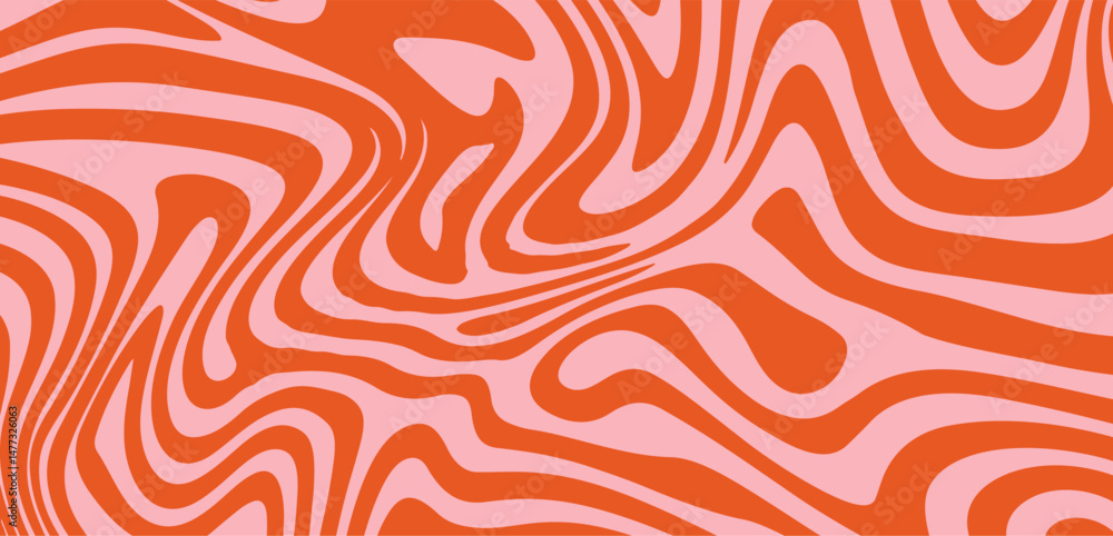 Poster Swirling orange and pink abstract vector pattern with wavy lines creates a retro, dynamic, and playful visual effect, perfect for backgrounds, posters, and trendy design projects.