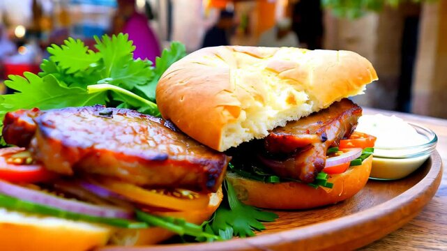 Close-up of Egyptian liver sandwich with onions and tahini on rustic plate, blurred market scene behind adds authentic street food vibe