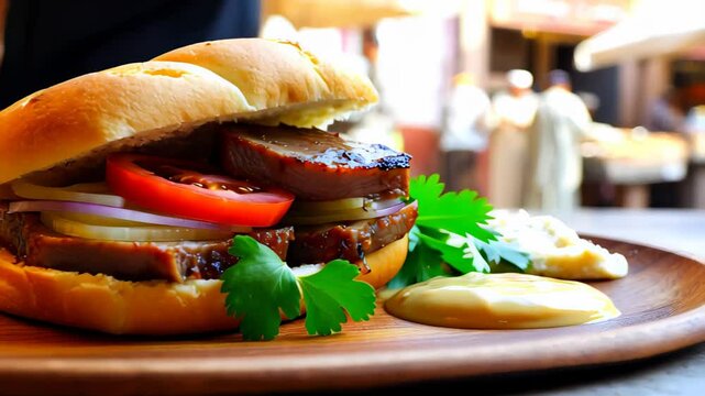 Close-up of Egyptian liver sandwich with onions and tahini on rustic plate, blurred market scene behind adds authentic street food vibe